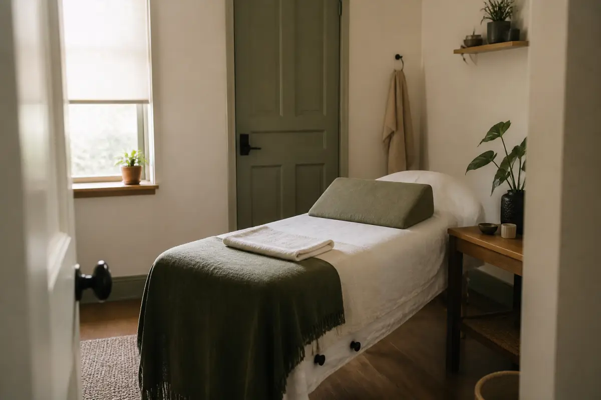 Private waxing room prepared with an adjustable bolster and folded linens
